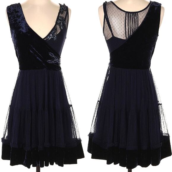 Free People Vintage XS Blue Velour Mesh Dress - Picture 1 of 5
